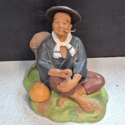 Vintage Japanese Handpainted Clay/Ceramic Hakata Elderly Man Figurine