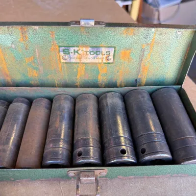 Vintage S-K Tools 1/2" Drive SAE Deep Impact Socket Set, 8 Pc. 7/16" to 7/8", Metal Case, USA