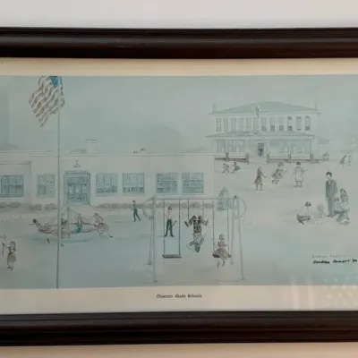 Barbara Rowlett Signed 1986 "Chestnut Glade Schools" Framed Schoolhouse Art Print - Lake Odessa Off-Site