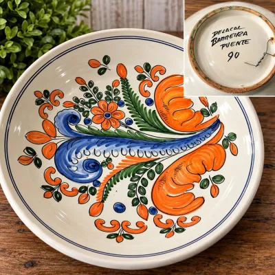 Large Vintage 1990 Hand Painted Folk Art Ceramic Serving Bowl Blue Orange Floral Signed - Potterville