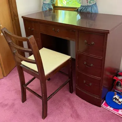 Possibly Antique Wooden Double Pedestal Writing Desk with Drawers & Matching Chair - Lake Odessa Off-Site