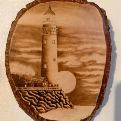 Lighthouse Pyrography Wood Burning Art on Natural Live Edge Wood Slice - Coastal Decor - Lake Odessa Off-Site