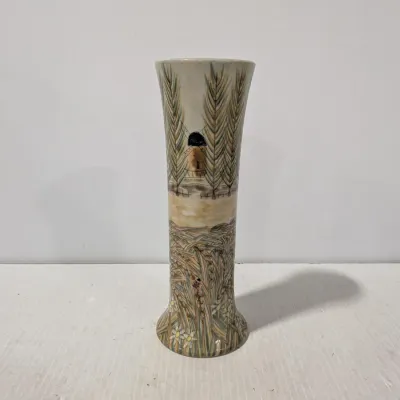 Vintage Cobridge Stoneware Vase Made In Stoke-on-Trent England, Farm & Fields Scene With Ladybugs - Estate Sales Warehouse (GR)