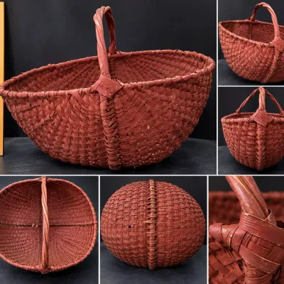 Sale Photo Thumbnail #300: Large Antique Red Painted Woven Splint Gathering Basket Bentwood Handle 24" – Potterville