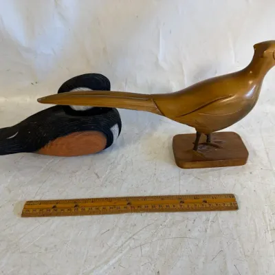 Hand Carved Wooden Pheasant w/ Hand Carved Wooden Hooded Merganser Drake Duck Decoy