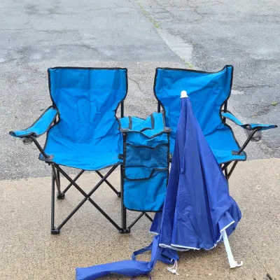 Folding Double Camping Chair With Cooler Armrests and Beach Umbrella Set