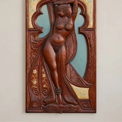 1980's Ray Jansma Hand-Carved Wooden Wall Panel featuring a High-Relief Female Figure