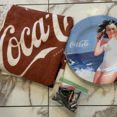 Sale Photo Thumbnail #120: Vintage Coca-Cola Beach Towel, Train and Serving Platter