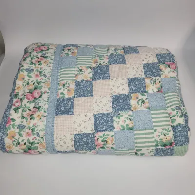 Handmade Patchwork Quilt 72 x 80 - Blue & Floral Trip Around the World