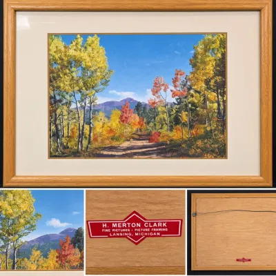 Vintage Framed Autumn Mountain Landscape Art Print H. Merton Clark Lansing MI Custom Framing - Potterville