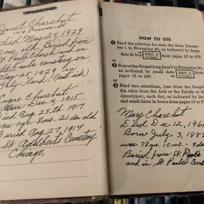 1942 WWII Catholic Army/Navy New Testament - Chicago Cherchut Family Genealogy Handwritten Records - Potterville
