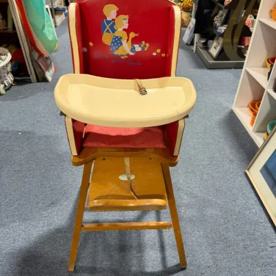 Sale Photo Thumbnail #336: Vintage Goosey Goosey Gander Child's High Chair with Red Vinyl Seat & Wood Frame – Estate Sales Warehouse (GR)