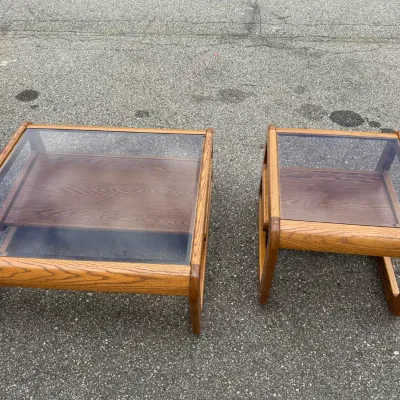 Oak & Smoked Glass Coffee Table and End Table Set