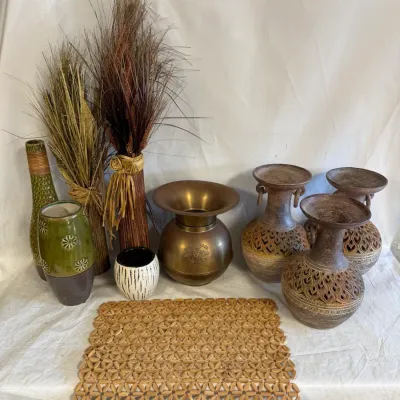 Small Collection of Vintage Themed Vases and Faux Plants
