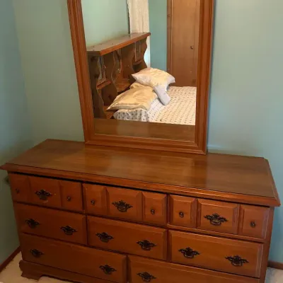 Vintage Traditional Wood Finish 7-Drawer Triple Dresser with Matching Framed Mirror - Lake Odessa Off-Site