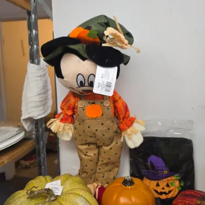 Small Collection of Fall Decorations w/ Pumpkins, Spiders, and a Mickey Mouse Scarecrow