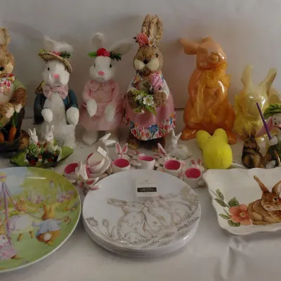 Easter Decor - Platters, Straw Bunnies, Plates, Ceramic Bunnies, Salt & Pepper, etc.