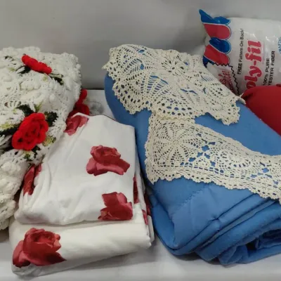 Handmade Twin Size Afghan, Heart Pillow, 2 Doilies, Blue Blanket, Full Flannel Flat Sheet