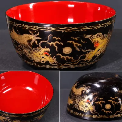 Vintage Black And Red Dragon Lacquerware Bowl Featuring A Glossy Finish And Striking Gold Motif – Potterville