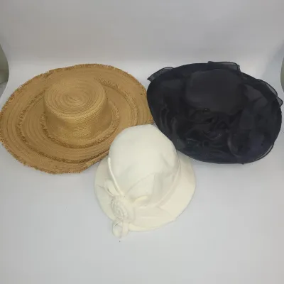 3 Women's Hats: Queenspark Black Organza Hat, Shade & Shore Straw Sun Hat, Cream Wool Cloche