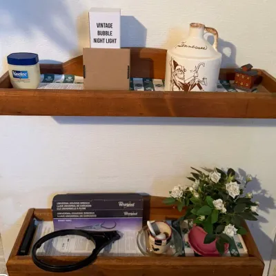 Pair of Wooden Wall Shelves with Assorted Household Items, Decor & Collectibles - Lake Odessa Off-Site