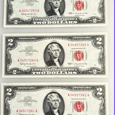 Sale Photo Thumbnail #64: Lot of 3 - Crisp - UNC - Consecutive Numbered $2 - Red Seal Legal Tender Notes