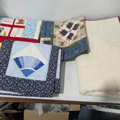 Amish Quilt Lot: 1 Large Full Quilt White + Red Accents, 3 Small Quilts - Estate Sales Warehouse (GR)