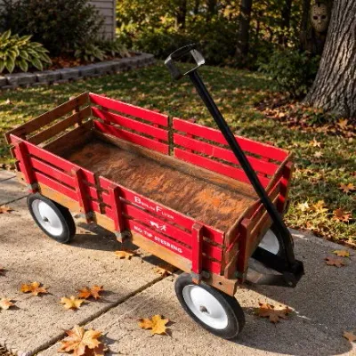 Sale Photo Thumbnail #29: Vintage Berlin Flyer Wagon w/ No Tip Steering and Wooden Side Rails
