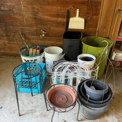 Assorted Garden Planters, Flower Pots, Plant Stands, Buckets & Outdoor Supplies Lot - Lake Odessa Off-Site