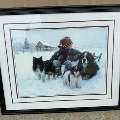 Framed Winter Art Print - Child with Dogs in the Snow by T. Peppard (1996)