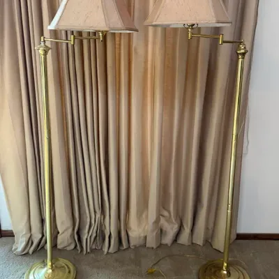 Pair of Brass Finish Swing Arm Floor Lamps with Beige Fabric Shades - Lake Odessa Off-Site