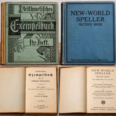 2 Antique Schoolbooks German Arithmetisches Exempelbuch & New World Speller Textbook Lot - Potterville