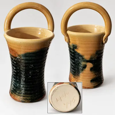 Signed Studio Art Pottery Basket Vase Green & Tan Glaze Loop Handle Dated 2004 - Potterville