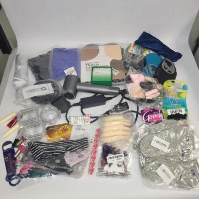Tote Full of Beauty Items: Hair Dryer, Tights, Necklace, Razors, Hair Accessories & More