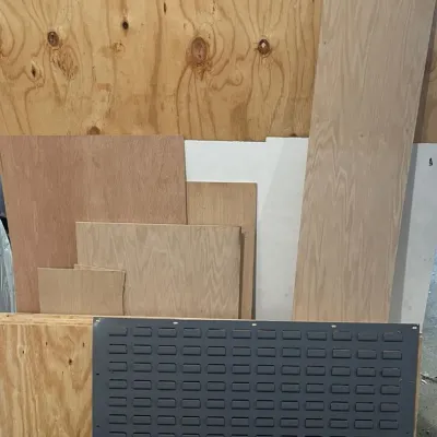 Assorted Plywood Panels, Wood Scrap, and Metal Louvered Bin Hanging Plate – Grand Rapids Off-Site