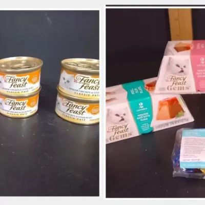 Fancy Feast Cat Food Lot 6 Classic Pate Cans 3 Gems 2 Packs Plus Bonus New Cat Toy - Potterville