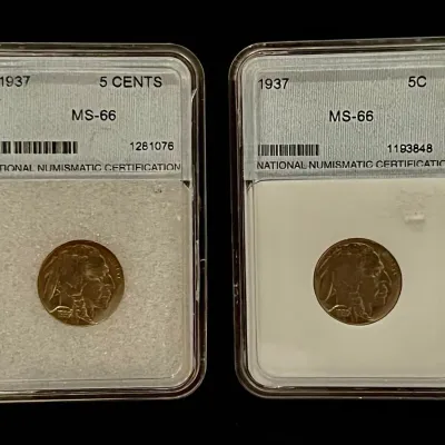 TWO High Grade 1937 Buffalo Nickels Certified NNC MS66 On Both Coins