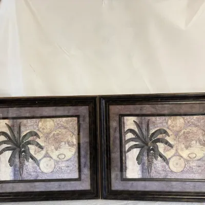 Pair of Framed Old-World Map and Palm Tree Art Prints styled after C. Winterle Olson