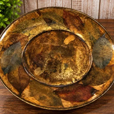 Vintage Decorative Serving Plate Mottled Brown Gold Black Lacquer Style Finish - Potterville