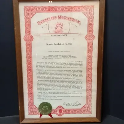 1983 Michigan Senate Resolution No. 256 Constitutional Convention Anniversary Framed Certificate – Potterville