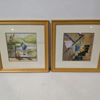 Disney High Quality Pair Wood Framed "Classic Pooh" Prints, 14 3/4" x 14 3/4", Bridge & Stair Scenes - Estate...