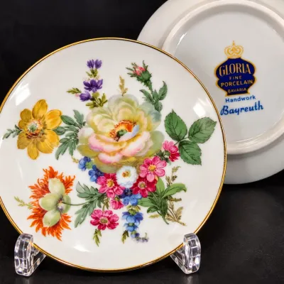 Vintage Gloria Bavaria Bayreuth Hand Painted Floral Porcelain Butter Pat Dish Gold Trim Germany - Potterville