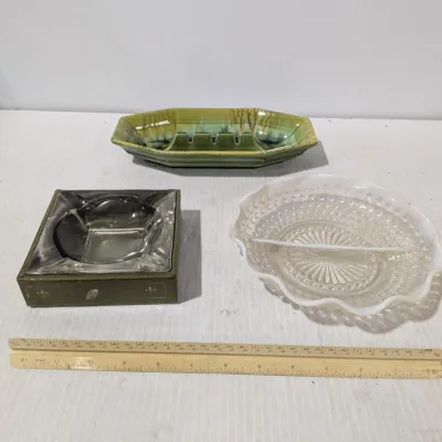 Haeger 1079 Green Glazed Ceramic Ashtray 10", Small White/Clear Ash Tray, & Smaller Desk Ash Tray - Estate Sales Warehouse (GR)