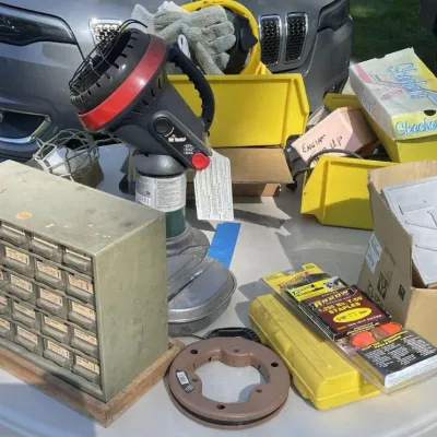 Assorted Workshop Tools, Hardware Organizer, Hard Hats, and Portable Propane Heater Lot - Grand Rapids Off-Site
