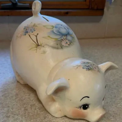Vintage Ceramic Pig Piggy Bank - White with Blue Floral Design & Curled Tail - Lake Odessa Off-Site