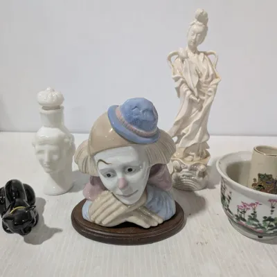 Vintage Ceramic Decor Lot: Sad Clown With Wooden Base, Avon Athena & Cat Bottles, & 15" Asian Figure - Estate Sales...