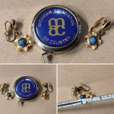 Vintage Michigan Association of Counties Tape Measure & Blue Cats-Eye Clip Earrings – Potterville
