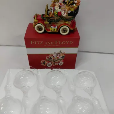 Christmas - NIB Santa's Car Music Box - Fitz and Floyd, 6 NIB Glass Ornaments