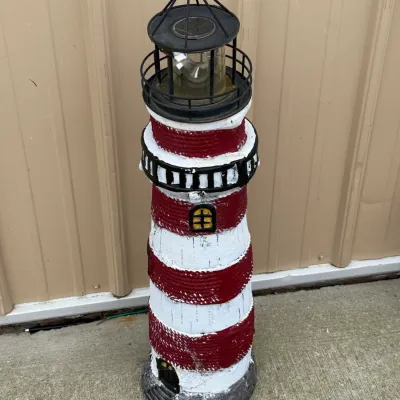 Solar Lighthouse Garden Statue, Red & White Rope Texture