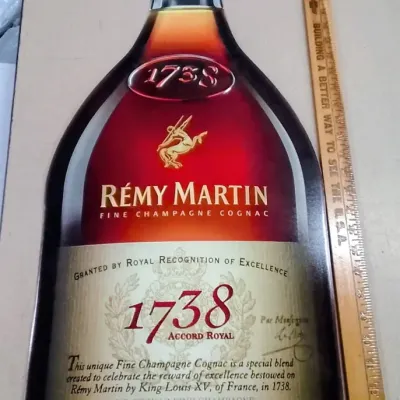 Sale Photo Thumbnail #19: Large Remy Martin 1738 Accord Royal Bottle-Shaped Metal Advertising Sign Approx. 3 Ft-Unused – Potterville